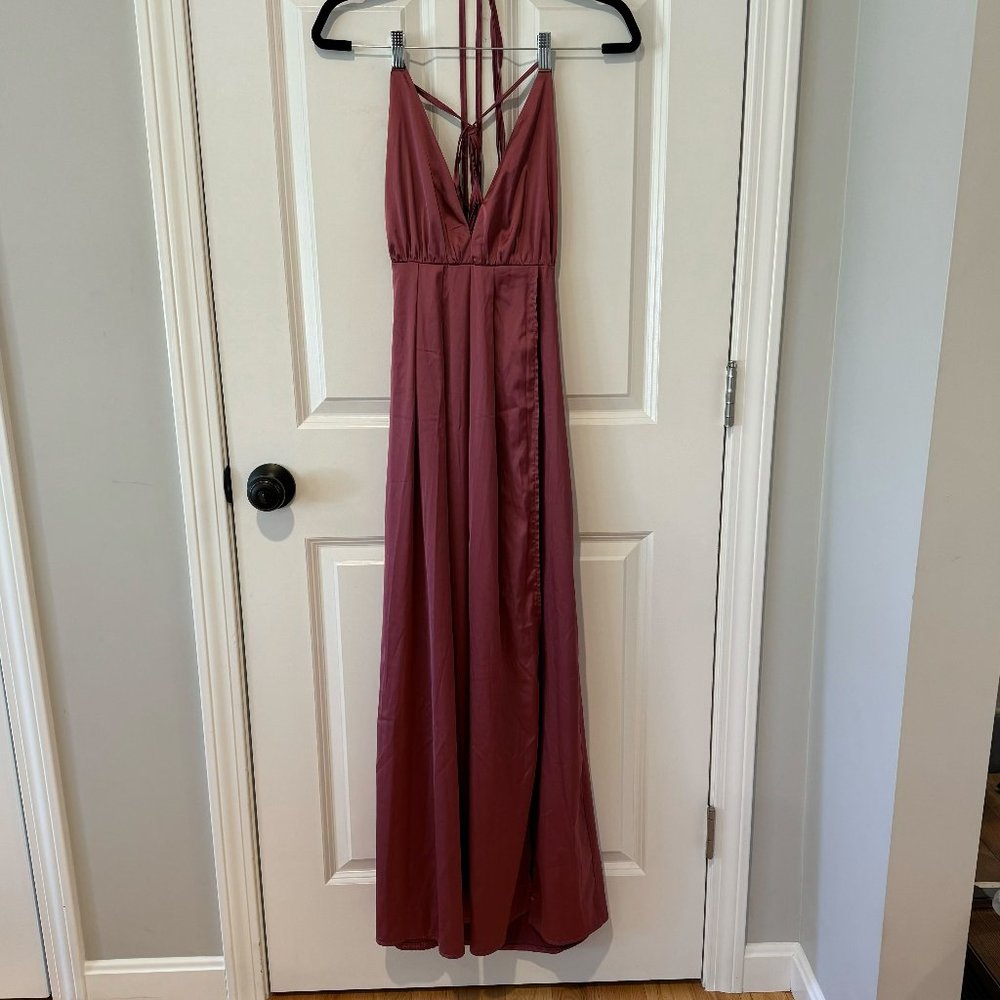 Satin Deep‎ V Pink Backless Dress - Size XS